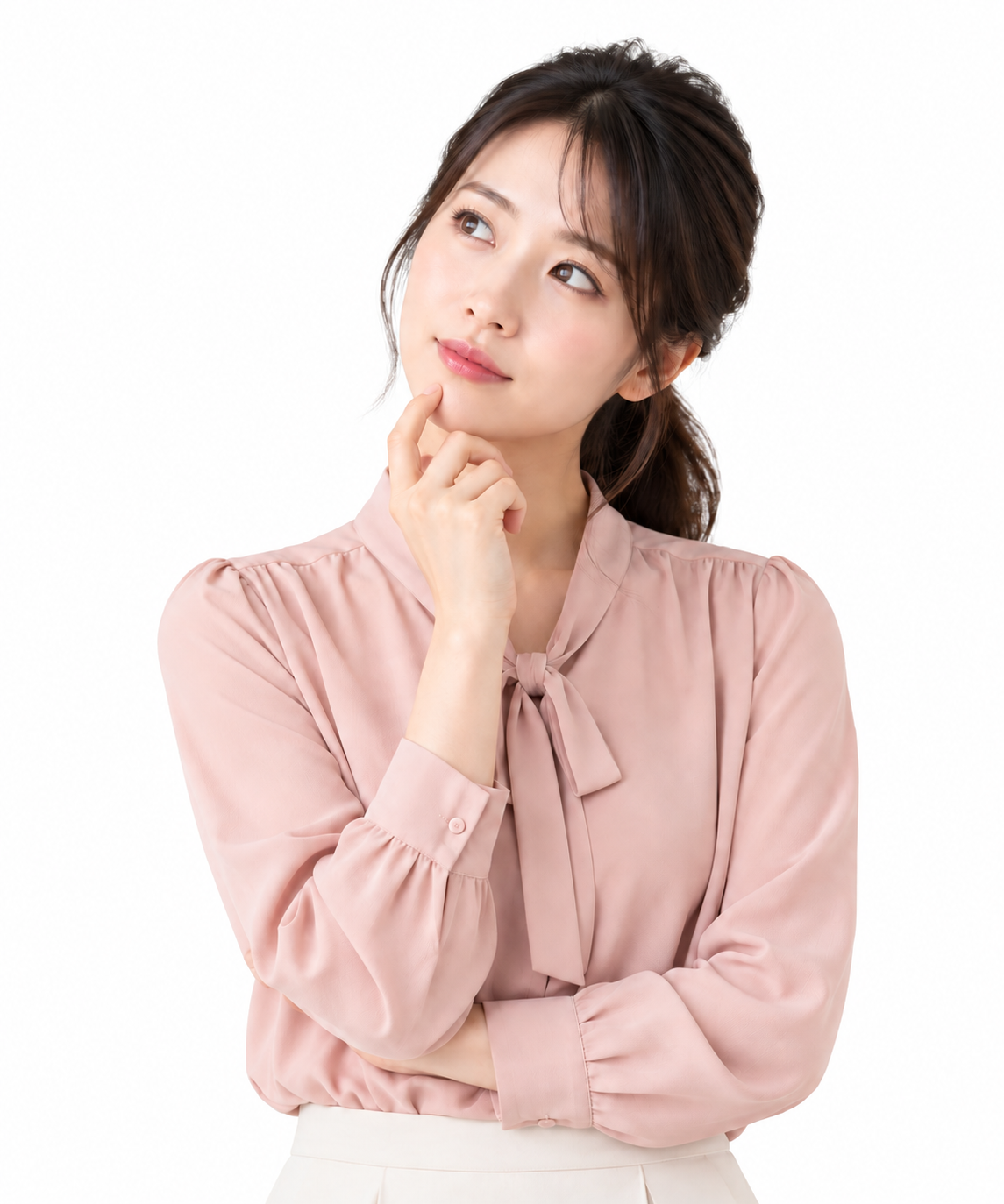 顎に手を添え、首を傾げて考える女性のイメージ